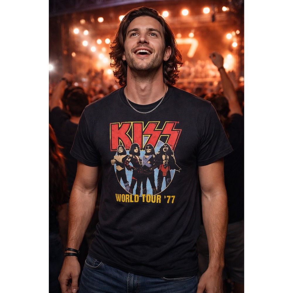 KISS World Tour 77 Graphic T-Shirt Men's XL‎ Black Rock Band Short Sleeve Tee